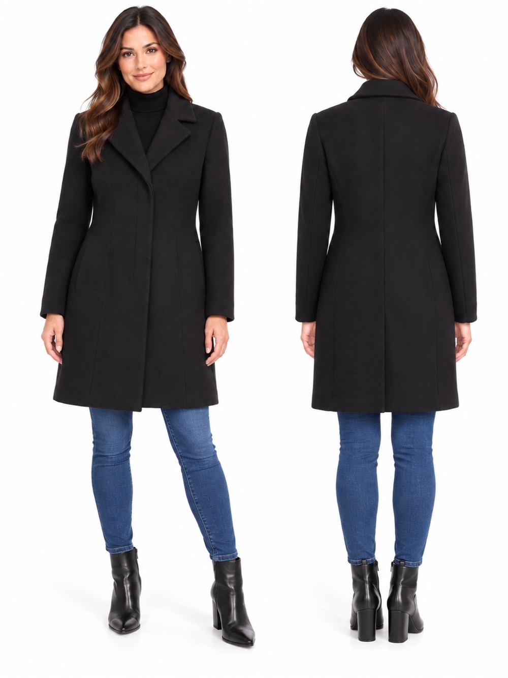 DKNY Black Wool Blend Tailored Long Coat Size 2 Classic Overcoat